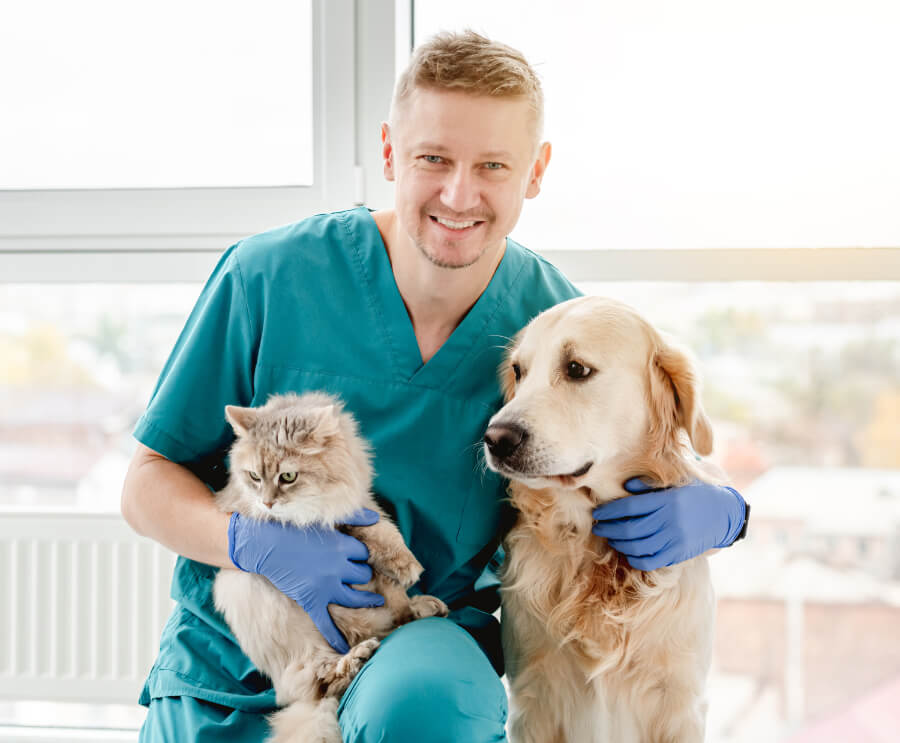 Happy Veterinarian Hugging Dog And Cat NM9EXC2