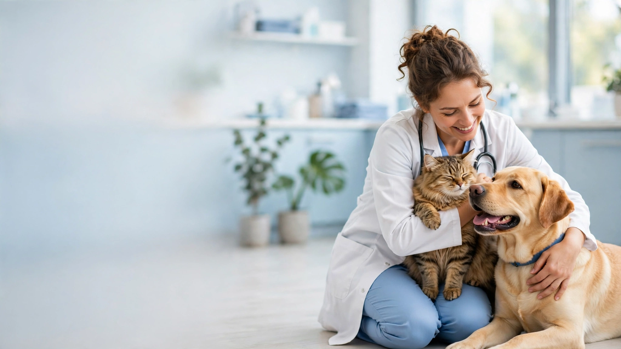 Home — New Design Veterinarian hugging a tabby cat and a Labrador